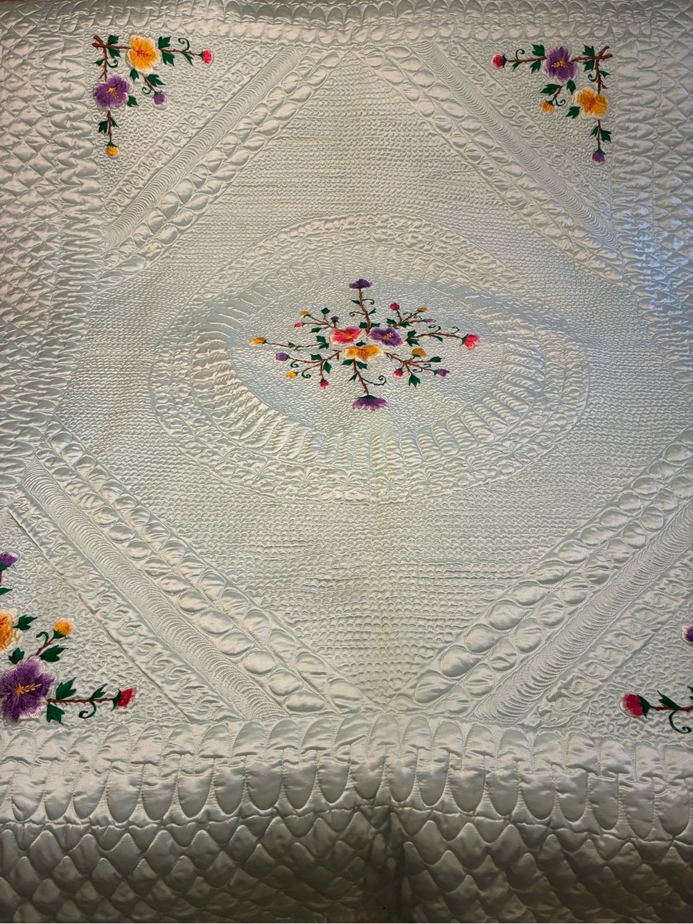 White Embroidered Floral Quilted Bedspread